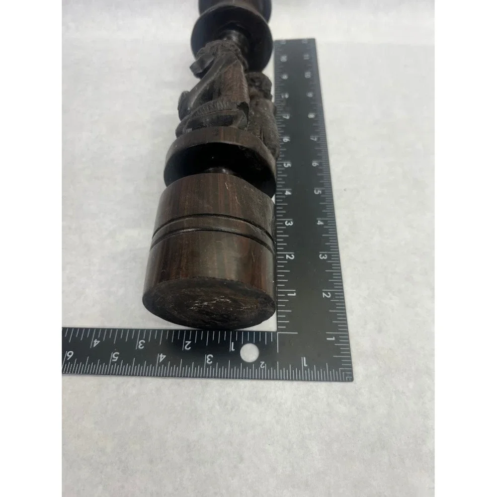 Hand Carved African Ebony Wood Candlestick Holder Tribal Figures Dark Wood 11in